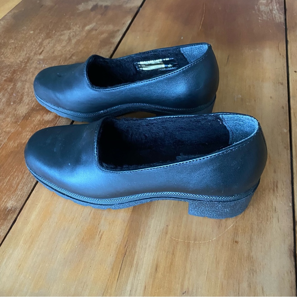 Fleece-lined Black Slip-On Loafers Block Heel Winter Waterproof Sole Size 9
